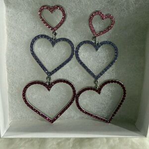 Triple Heart Drop Earrings — Pink and Purple Crystal Hearts
